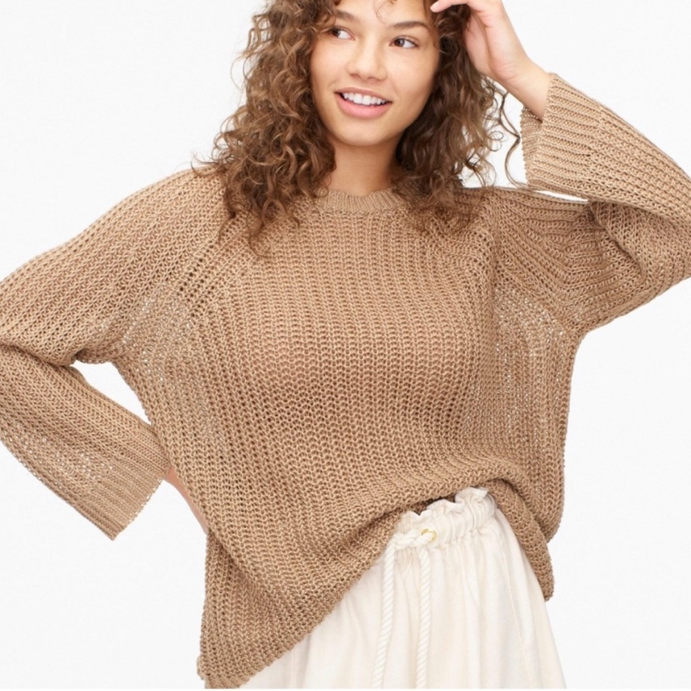 J Crew Relaxed Fit 100% Linen Tan Open Weave Beach Sweater Women’s Size Small